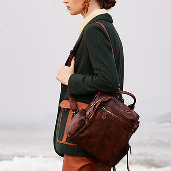 Vintage Coffee Leather Rucksack Womens School Backpack Ladies Leather Backpack Purses