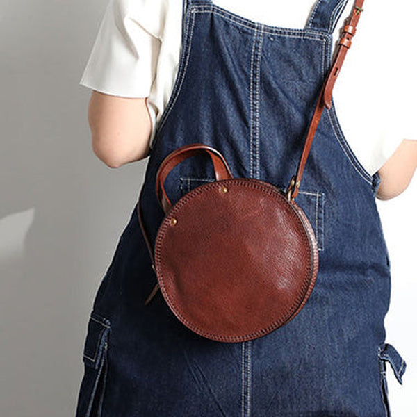 Vintage Womens Coffee Leather Round Handbag Purses Coffee Round Shoulder Bag Crossbody Handbag for Women