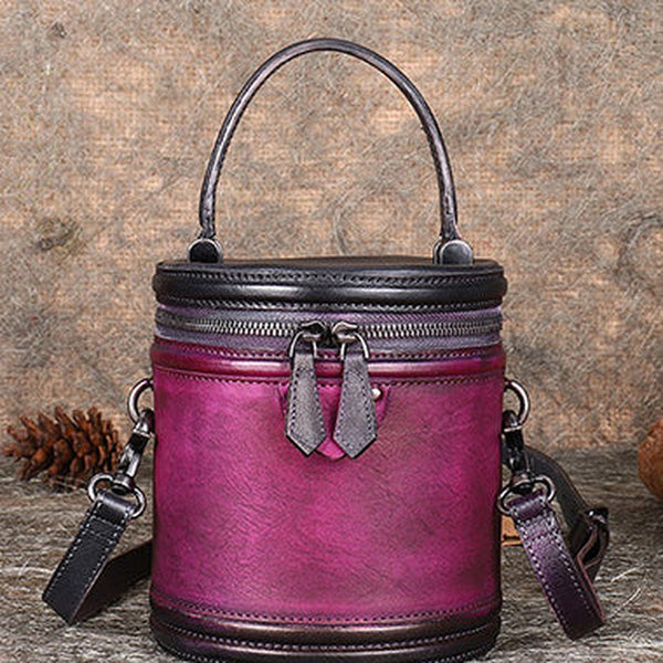 Purple Leather Womens Bucket Handbag Barrel Shoulder Bag Crossbody Purse for Ladies