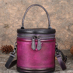 Purple Leather Womens Bucket Handbag Barrel Shoulder Bag Crossbody Purse for Ladies