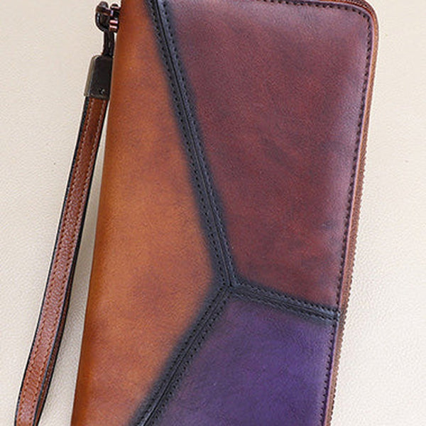 Vintage Multicolor Geometric Brown&Purple&Coffee Leather Wristlet Wallet Womens Flower Zip Around Wallets Flowers Ladies Zipper Clutch Wallet for Women