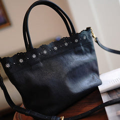 Classic Black Leather Hollowed Out Flowers Handbag Women Flowers Shoulder Bag for Women