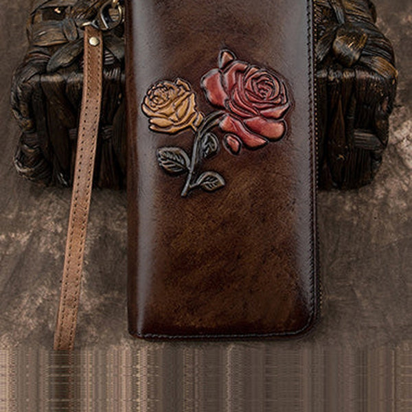 Womens Rose Flowers Coffee Leather Wristlet Wallets Zip Around Wallet Flowers Ladies Zipper Clutch Wallet for Women