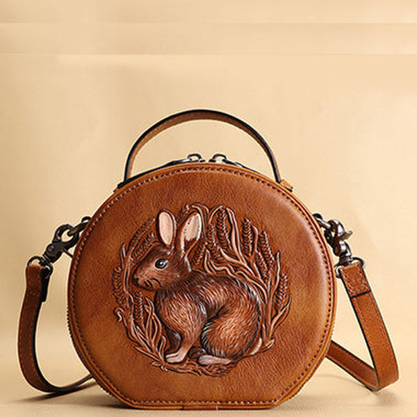 Cutest Womens Brown Leather Round Handbag Bunny Crossbody Purse Vintage Round Shoulder Bags for Women