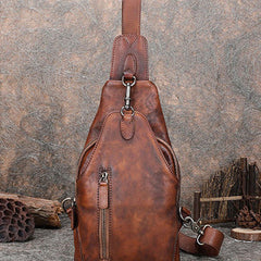Brown Mens Sling Bag Vintage Leather Chest Bag Crossbody Pack for Men