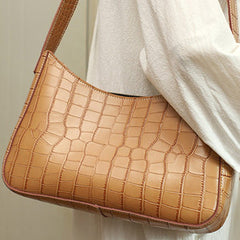Cute LEATHER Side Bag Camel WOMEN SHOULDER BAG Crocodile Pattern Handbag Purse FOR WOMEN