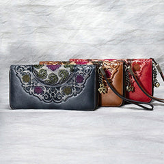 Handmade Floral Leather Wristlet Wallet Womens Zip Around Wallets Floral Cards Ladies Zipper Clutch Wallet for Women