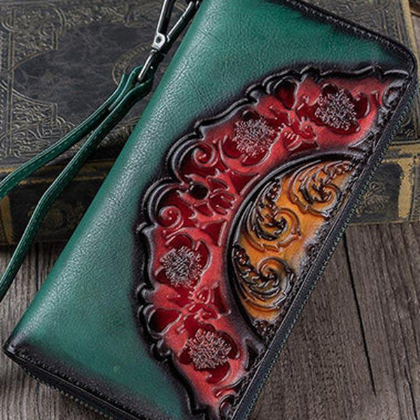 Vintage Floral Green Leather Wristlet Wallets Womens Zip Around Wallet Floral Ladies Zipper Clutch Wallets for Women
