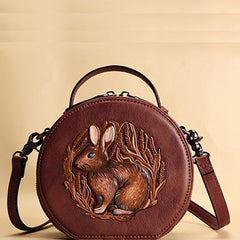 Cutest Womens Coffee Leather Round Handbag Bunny Crossbody Purse Vintage Round Shoulder Bags for Women