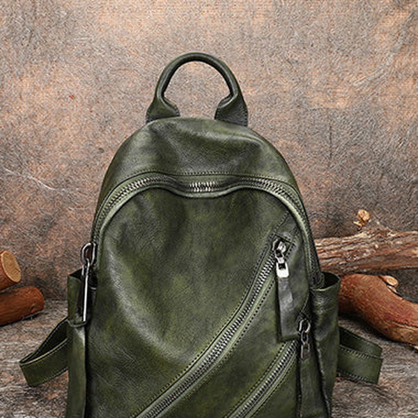 Vintage Green Leather Rucksack Womens Best School Backpack Ladies Leather Backpack Purses