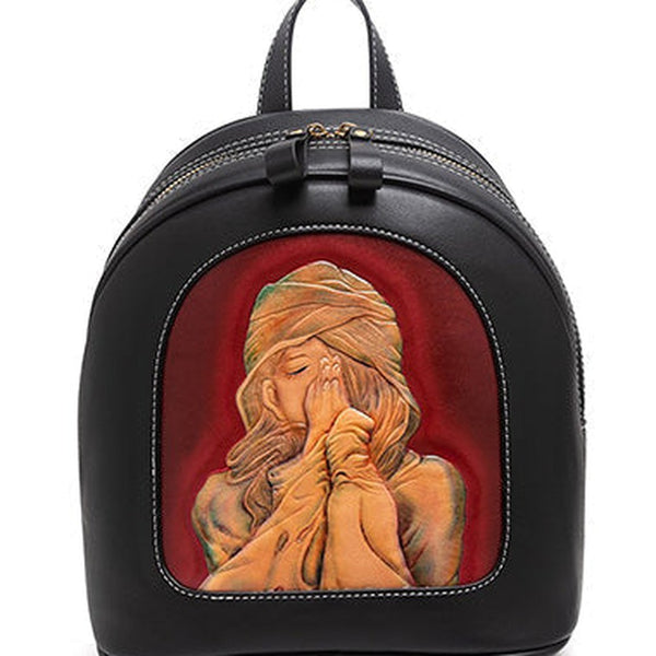 Handmade Ladies Black Leather Small Backpack Pray Girl Tooled Womens Leather Rucksack