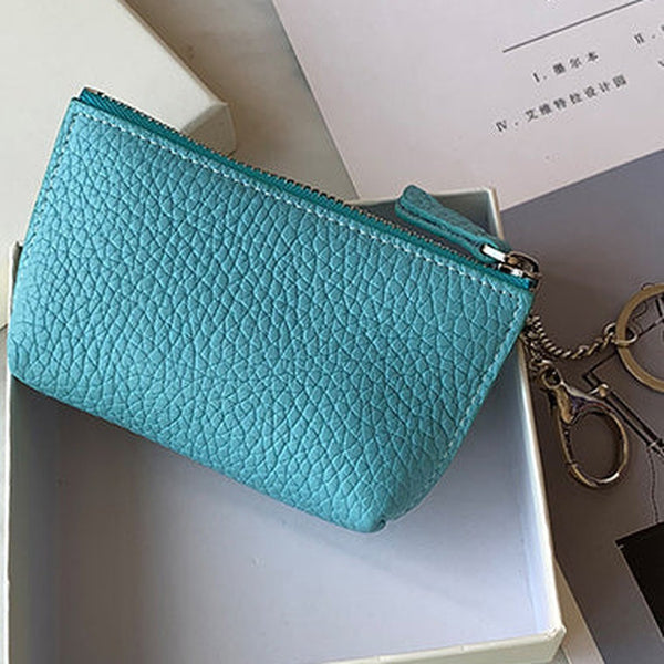 Cute Women Blue Leather Small Change Wallet Keychain with Wallet Zipper Coin Wallet For Women