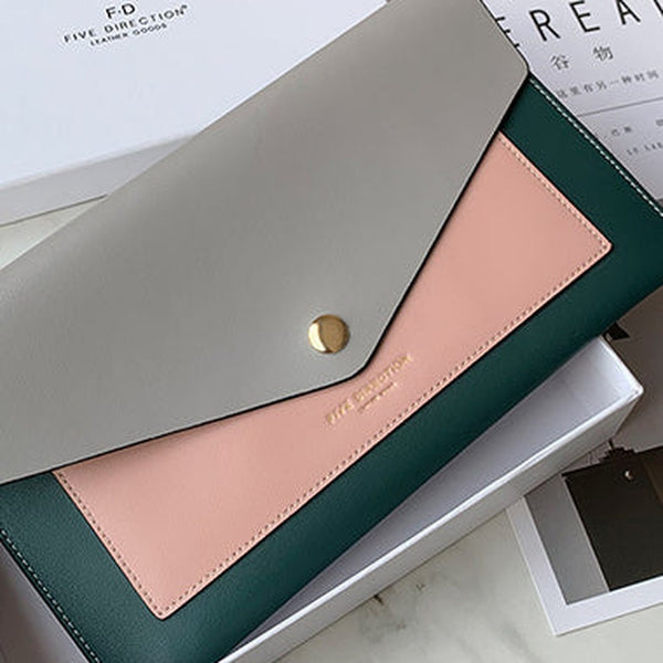 CONTRAST COLOR Gray Envelope Leather Womens Slim Clutch Purse Checkbook Long Wallet for Women