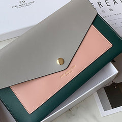 CONTRAST COLOR Gray Envelope Leather Womens Slim Clutch Purse Checkbook Long Wallet for Women