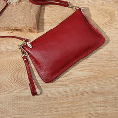 Red Leather Wristlet Wallet Womens Small Minimalist Shoulder Purse Zip Crossbody Purse Slim Shoulder Bag for Women