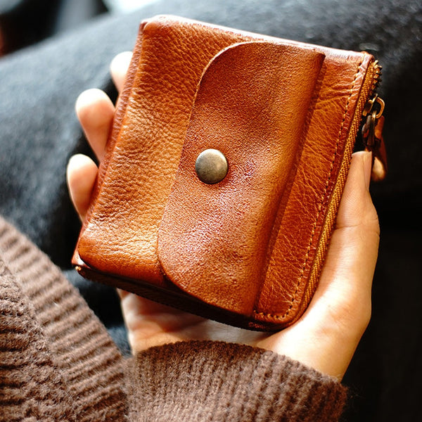 Cute Women Brown Zip Leather Billfold Wallet Minimalist Zip Coin Wallet Change Wallet For Women