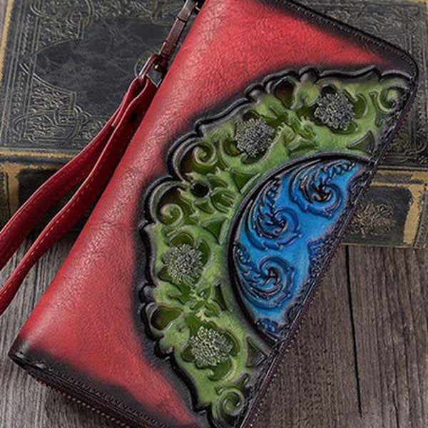 Vintage Floral Red Leather Wristlet Wallets Womens Zip Around Wallet Floral Ladies Zipper Clutch Wallets for Women