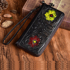 Womens Flower Black Leather Wristlet Wallets Zip Around Wallet Floral Ladies Zipper Clutch Wallet for Women