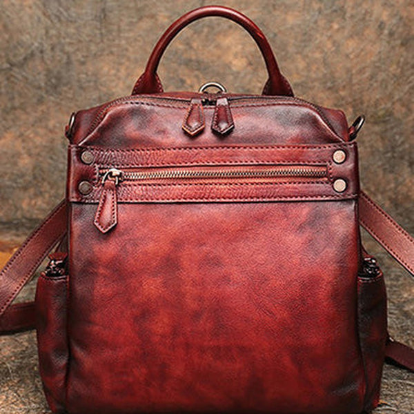 Vintage Red Leather Rucksack Womens School Backpack Ladies Leather Backpack Purses