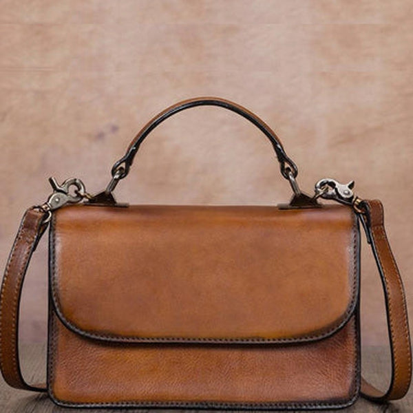 Tan Vintage Womens Leather Square Satchel Handbag Brown Shoulder Bag Purse for Ladies