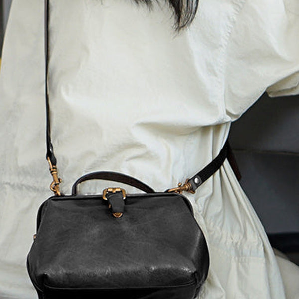 Vintage Womens Black Leather Doctor Handbag Side Purses Doctor Purses for Women