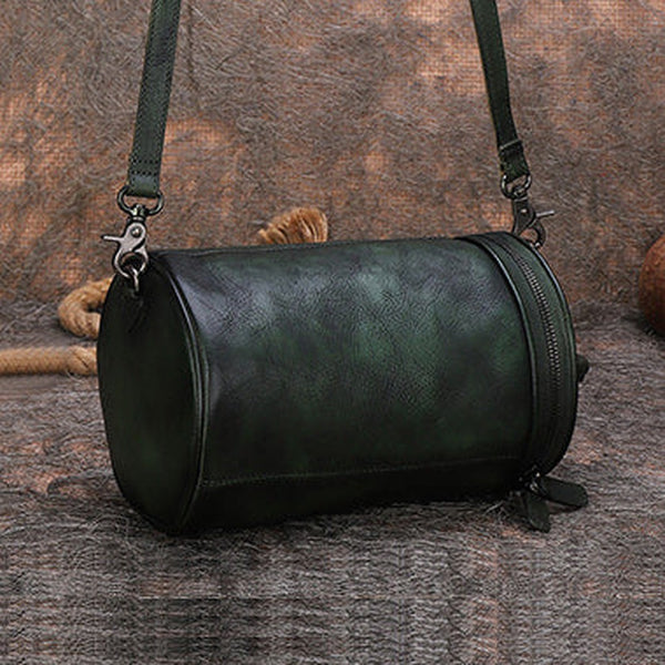 Womens Green Leather Barrel Shoulder Bag Purse Vintage Round Handbag Bucket Crossbody Purse for Women