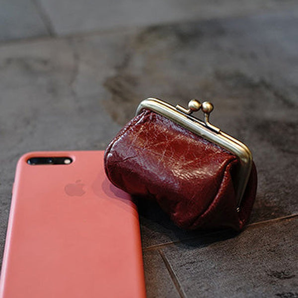 Vintage Women Red Leather Coin Wallet Frame Clasp Coin Pouch Change Wallet For Women