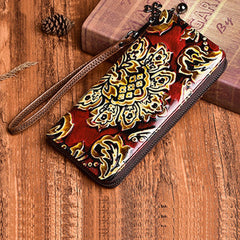 Handmade Womens Sunflower Red Leather Zip Around Wallet Wristlet Wallet Floral Ladies Zipper Clutch Wallet for Women