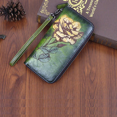 Womens Rose Flower Green Leather Wristlet Wallets Zip Around Wallet Flower Ladies Zipper Clutch Wallet for Women