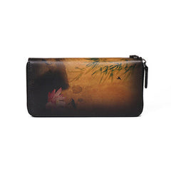 Handmade Womens Black Leather Zip Around Wallet Wash Painting Flowers Wristlet Wallet Ladies Zipper Clutch Wallet for Women