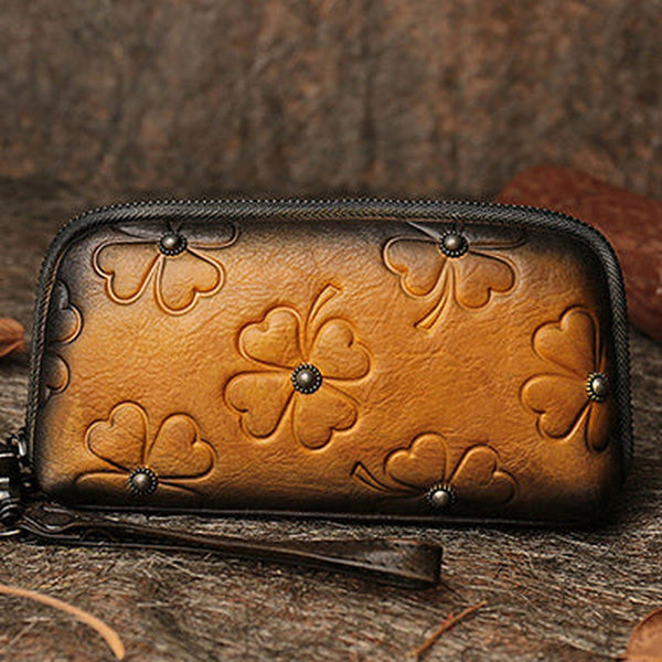 Handmade Clover Tan Leather Wristlet Wallets Womens Zip Around Wallet Ladies Cute Clutch Wallet for Women