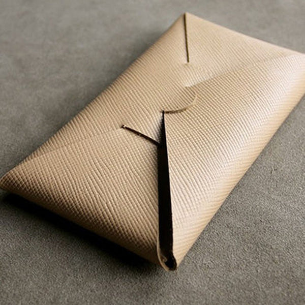Cute Womens Beige Leather Envelope Wallet Slim Clutch Purse Checkbook Long Wallet for Women