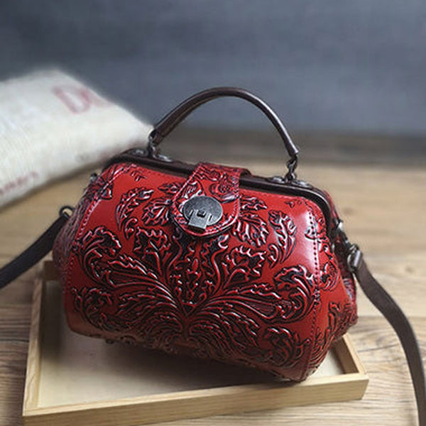 Handamde Womens Tan Leather Doctor Handbag Purses Floral Tan Doctor Crossbody Purse for Women