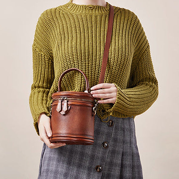 Womens Brown Leather Barrel Handbag Purses Vintage Handmade Round Shoulder Bag Bucket Crossbody Handbag for Women