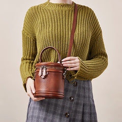 Womens Brown Leather Barrel Handbag Purses Vintage Handmade Round Shoulder Bag Bucket Crossbody Handbag for Women