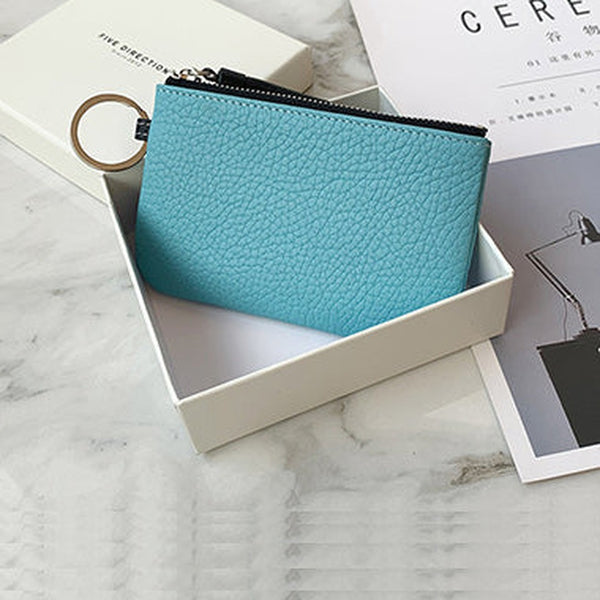 Cute Light Blue Leather Small Change Wallet Women Keychain with Wallet Zipper Coin Wallet For Women