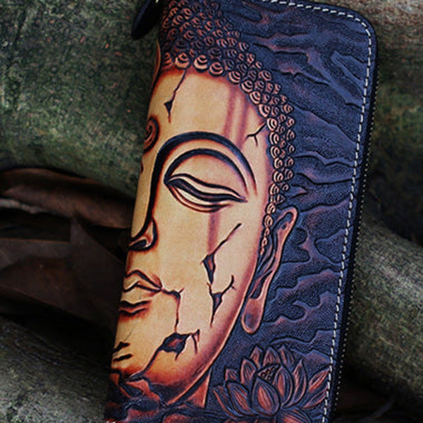 Black Tooled Buddha Leather Wallets Handmade Zipper Long Wallets For Men