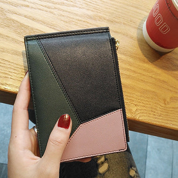 Cute Womens Patchwork Black Leather Card Wallets Card Clutch Wallet Zip Card Holder Wallet for Women