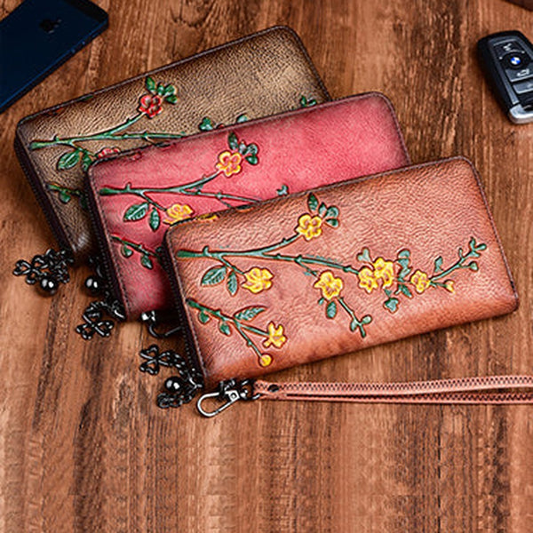 Handmade Womens Leather Plum Blossom Flowers Wristlet Wallet Zip Around Wallet Ladies Zipper Clutch Wallet for Women