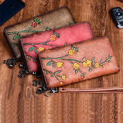 Handmade Womens Leather Plum Blossom Flowers Wristlet Wallet Zip Around Wallet Ladies Zipper Clutch Wallet for Women