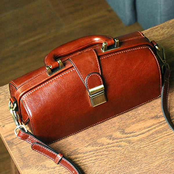 Womens Dark Brown Leather Doctor Handbag Purses Vintage Handmade Doctor Crossbody Purse for Women