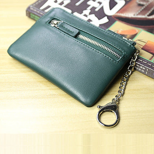 Cute Women Green Leather Mini Zip Billfold Wallet with Keychain Navy Coin Wallet Small Zip Change Wallet For Women
