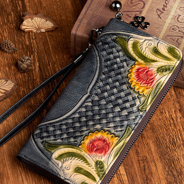 Handmade Black Leather Wristlet Wallet Womens Floral Zip Around Wallets Flowers Ladies Zipper Clutch Wallet for Women