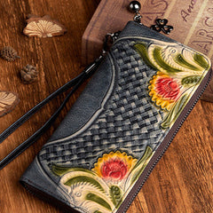Handmade Black Leather Wristlet Wallet Womens Floral Zip Around Wallets Flowers Ladies Zipper Clutch Wallet for Women