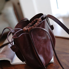 Vintage Womens Coffee Leather Small Bucket Shoulder Bag Flower Bud Bucket Purse for Women