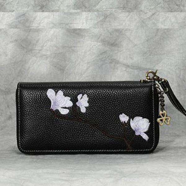 Magnolia Flower Embroidery Black Leather Magnolia Wristlet Wallet Womens Zip Around Wallets Flowers Magnolia Ladies Zipper Clutch Wallet for Women