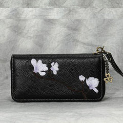 Magnolia Flower Embroidery Black Leather Magnolia Wristlet Wallet Womens Zip Around Wallets Flowers Magnolia Ladies Zipper Clutch Wallet for Women