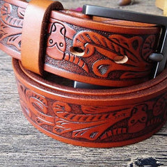 Cool Handmade Brown Floral Tooled Leather Mens Belt Coffee Leather Belts for Men