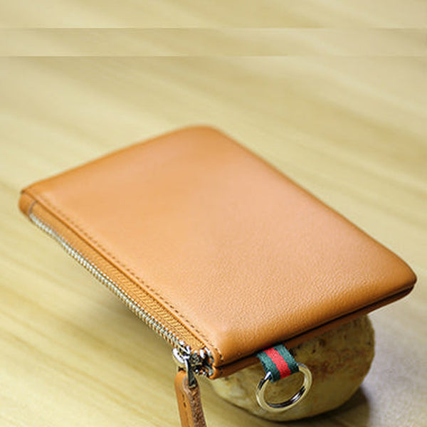 Women Tan Leather Mini Zip Wallet with Keychain Billfold Slim Coin Wallet Small Zip Change Wallet For Women