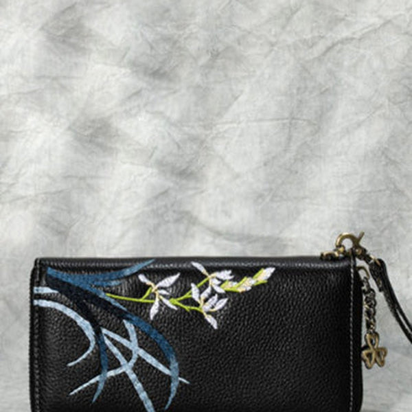 Handmade Embroidery Black Leather Orchids Wristlet Wallet Womens Zip Around Wallets Flowers Orchids Ladies Zipper Clutch Wallet for Women